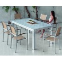 Set mesa de comedor y 6 sillones Camelia de aluminio natural con paja textil Hevea