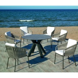 Set mesa de comedor y 6 sillones Valonia Antracita con sillas de cuerda gris Hevea