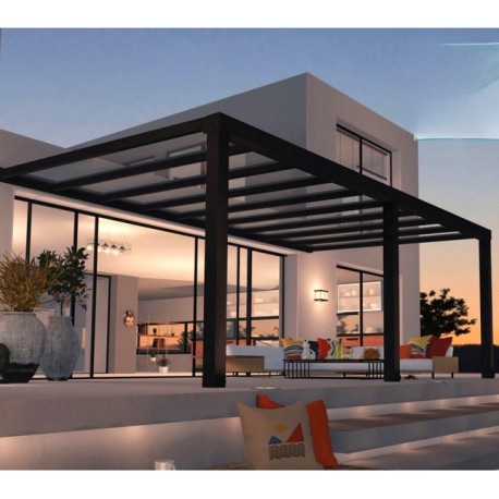 Pérgola de pared de aluminio Stockholm de 3,5x6,6m Techo transparente gris antracita y Canopia